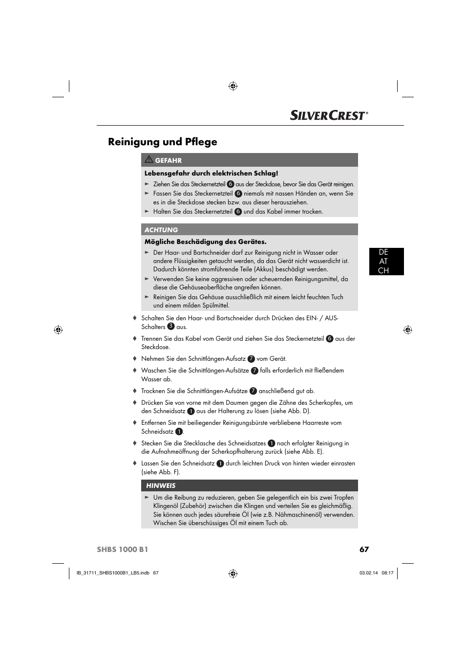 Reinigung und pﬂ ege, De at ch | Silvercrest SHBS 1000 A1 User Manual | Page 70 / 74