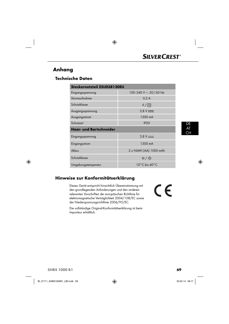 Anhang, Technische daten, Hinweise zur konformitätserklärung | De at ch | Silvercrest SHBS 1000 A1 User Manual | Page 72 / 74