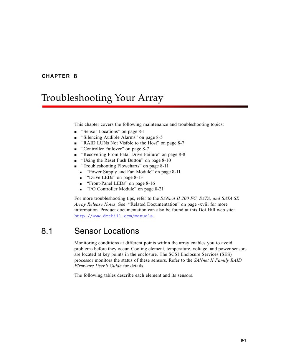 Troubleshooting your array, 1 sensor locations, Sensor locations | Chapter 8 | Dot Hill Systems II 200 FC User Manual | Page 119 / 210