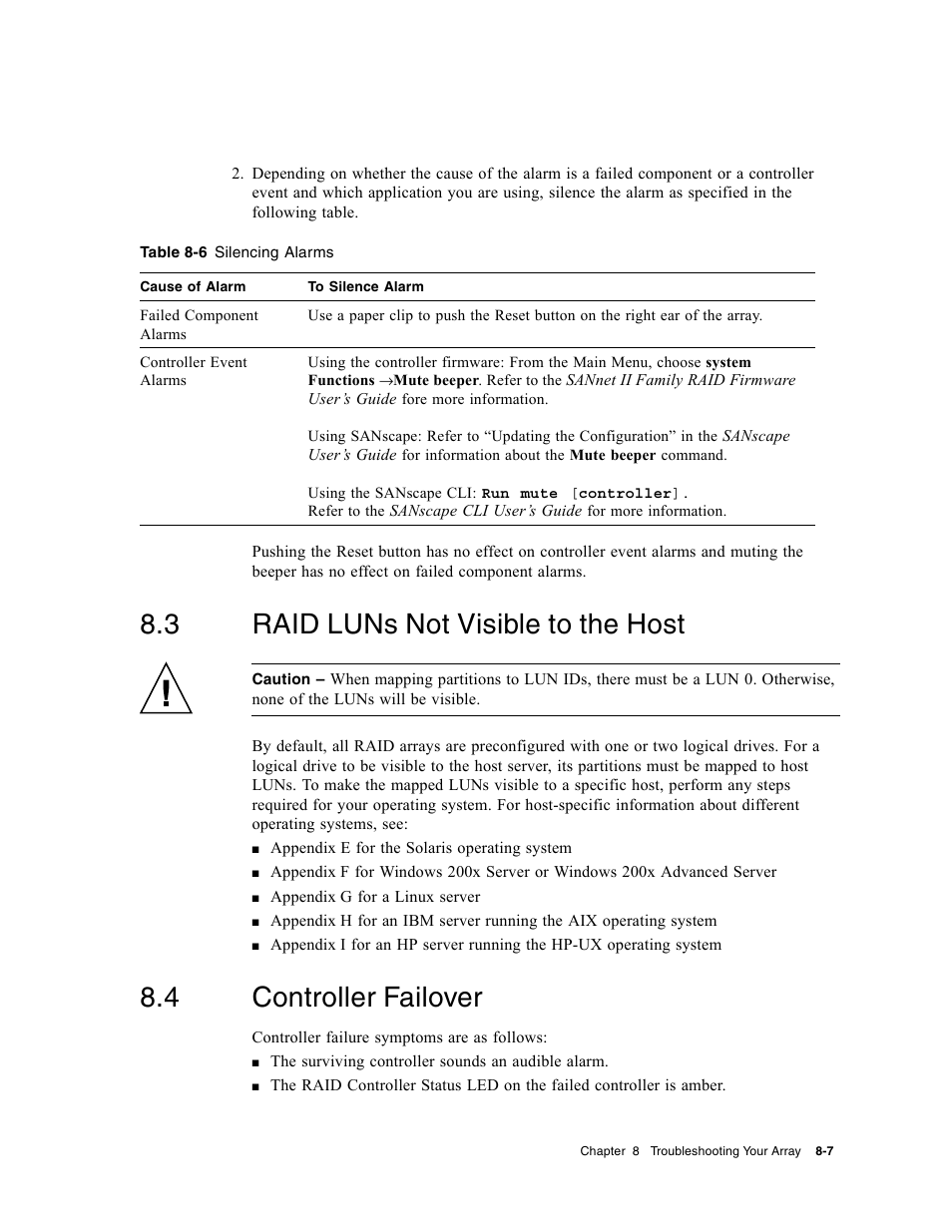 3 raid luns not visible to the host, 4 controller failover, Raid luns not visible to the host | Controller failover | Dot Hill Systems II 200 FC User Manual | Page 125 / 210