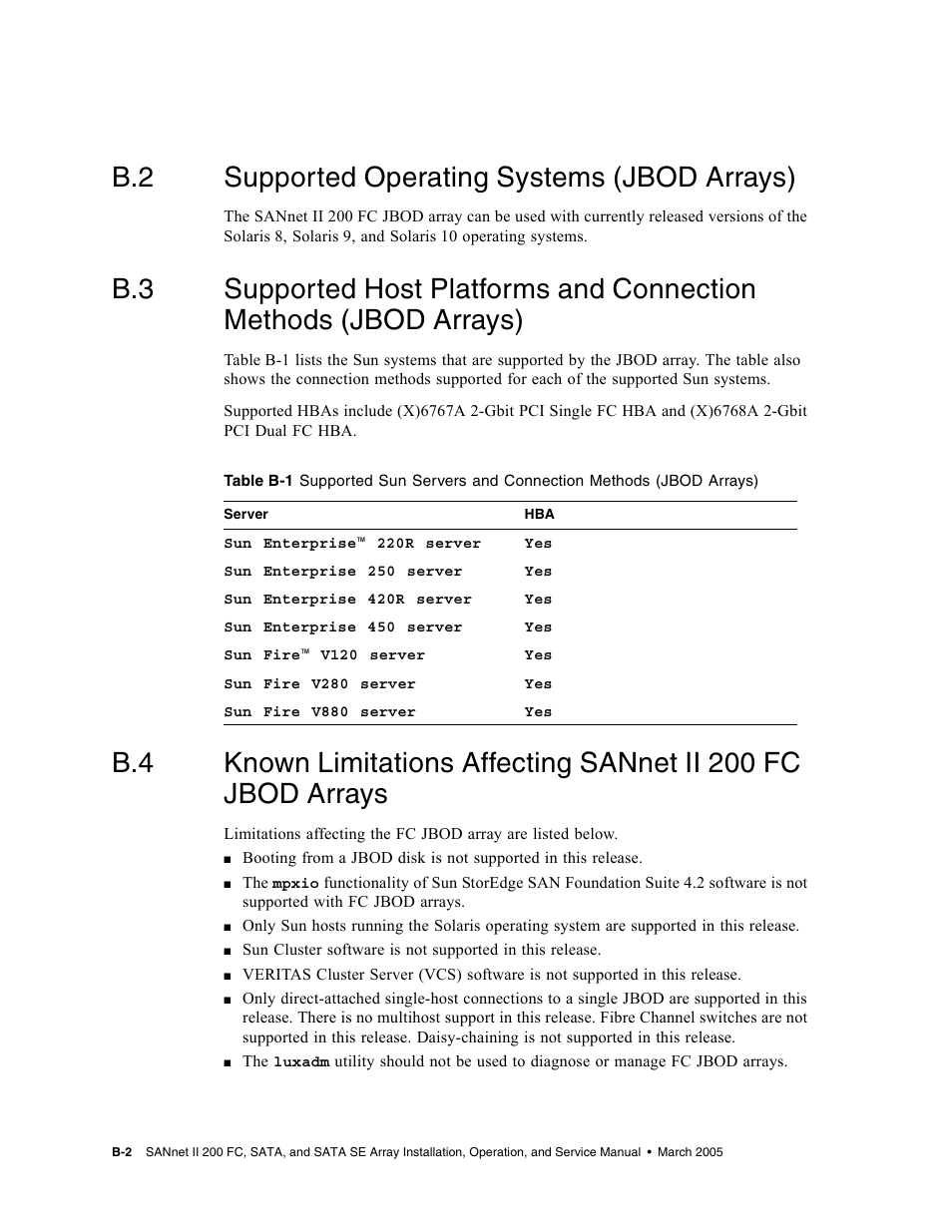 B.2 supported operating systems (jbod arrays), Supported operating systems (jbod arrays) | Dot Hill Systems II 200 FC User Manual | Page 148 / 210