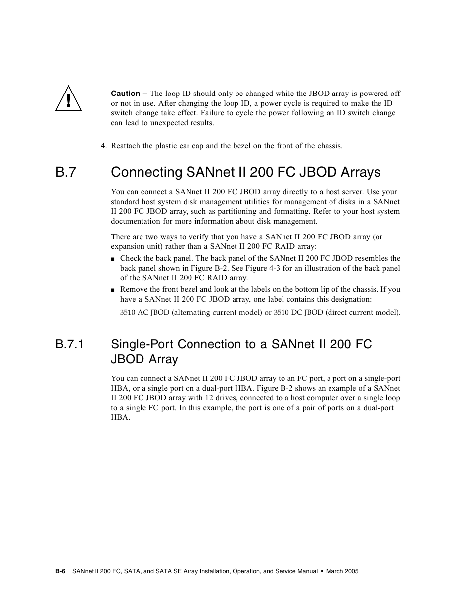 B.7 connecting sannet ii 200 fc jbod arrays, Connecting sannet ii 200 fc jbod arrays | Dot Hill Systems II 200 FC User Manual | Page 152 / 210