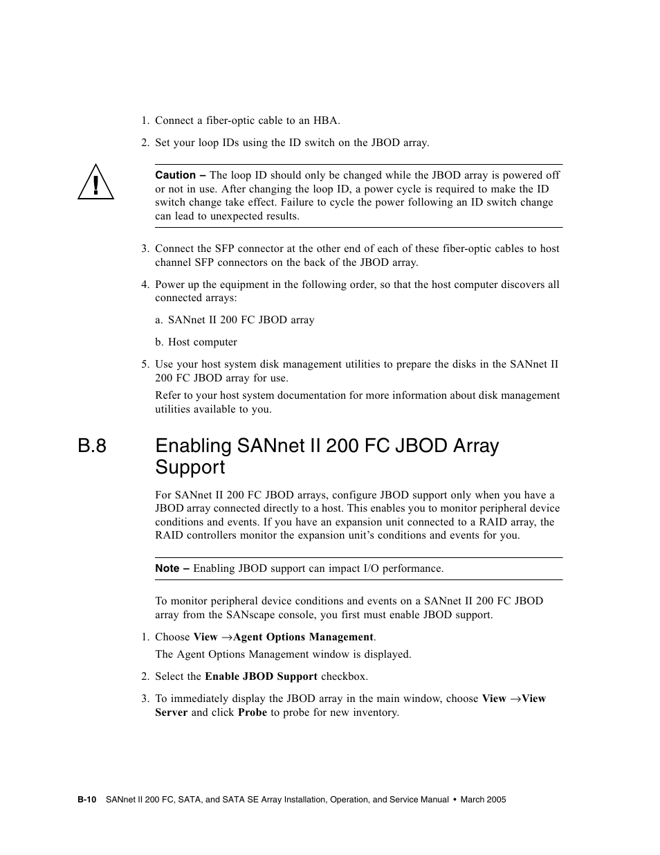 B.8 enabling sannet ii 200 fc jbod array support, Enabling sannet ii 200 fc jbod array support, B–10 | Dot Hill Systems II 200 FC User Manual | Page 156 / 210
