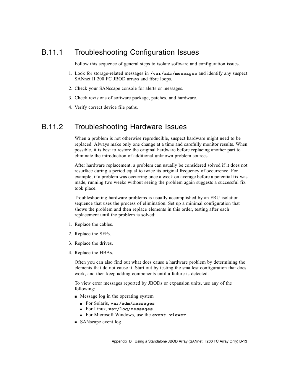 B.11.1 troubleshooting configuration issues, B.11.2 troubleshooting hardware issues | Dot Hill Systems II 200 FC User Manual | Page 159 / 210