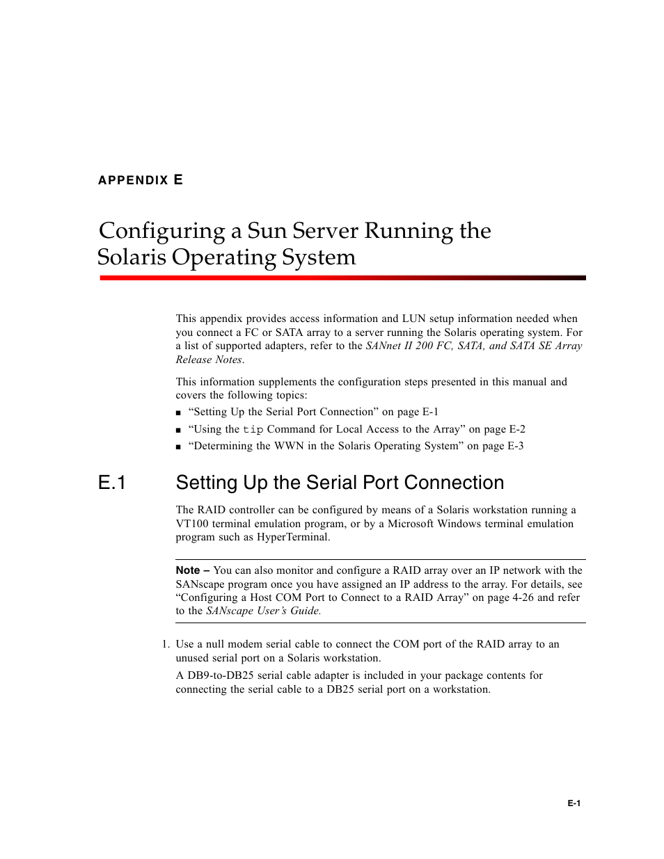 E.1 setting up the serial port connection, Setting up the serial port connection, Appendix e | Dot Hill Systems II 200 FC User Manual | Page 167 / 210