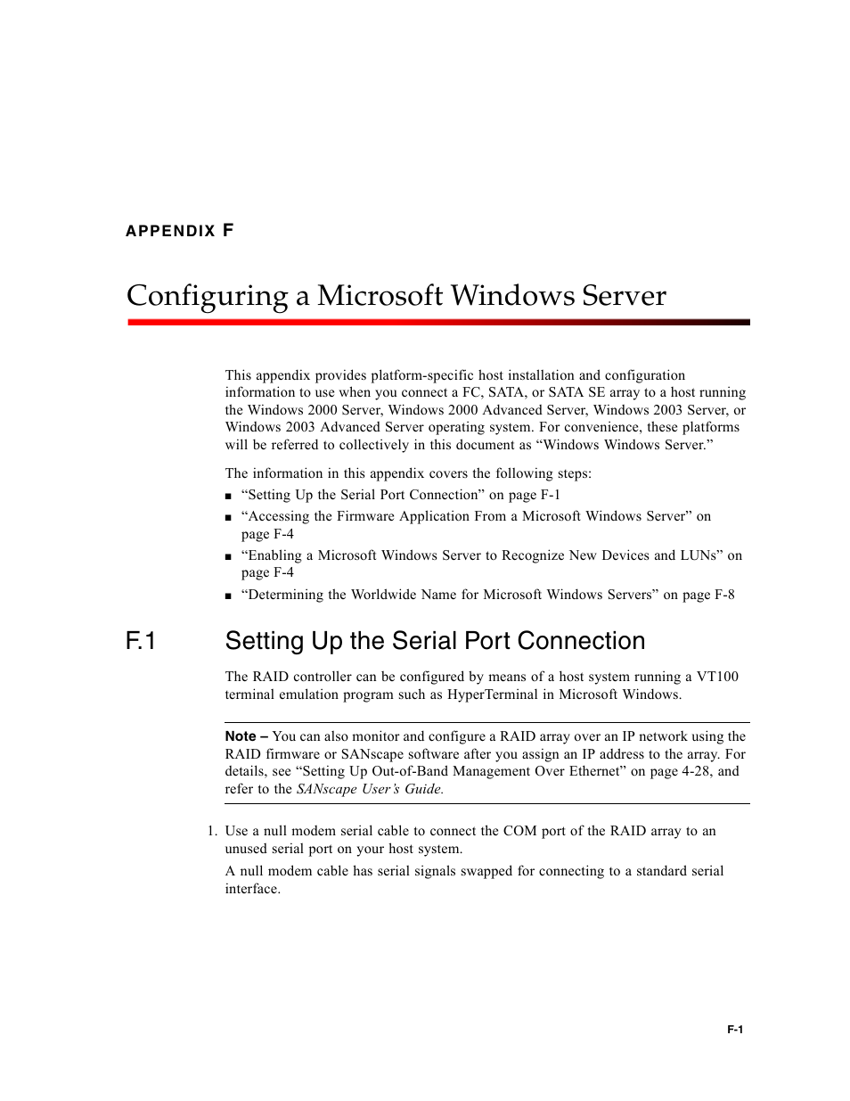 Configuring a microsoft windows server, F.1 setting up the serial port connection, Setting up the serial port connection | Appendix f, Appendix f for w | Dot Hill Systems II 200 FC User Manual | Page 171 / 210