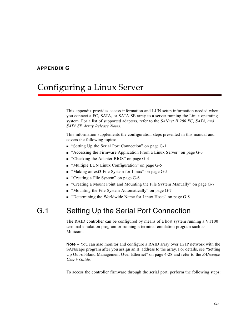 Configuring a linux server, G.1 setting up the serial port connection, Setting up the serial port connection | Appendix g pro, Appendix g | Dot Hill Systems II 200 FC User Manual | Page 179 / 210