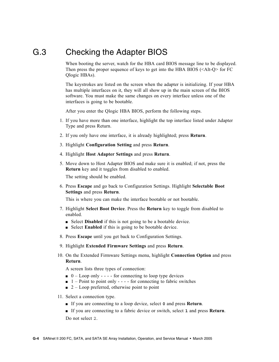 G.3 checking the adapter bios, Checking the adapter bios | Dot Hill Systems II 200 FC User Manual | Page 182 / 210