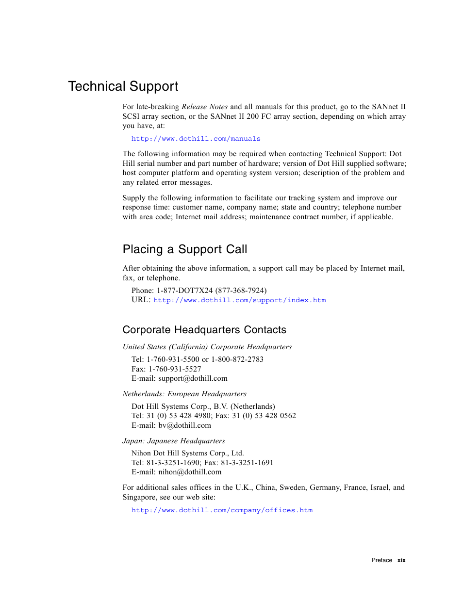 Technical support, Placing a support call, Corporate headquarters contacts | Dot Hill Systems II 200 FC User Manual | Page 19 / 210