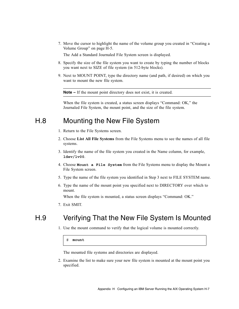 H.8 mounting the new file system, H.9 verifying that the new file system is mounted, Mounting the new file system | Verifying that the new file system is mounted | Dot Hill Systems II 200 FC User Manual | Page 193 / 210