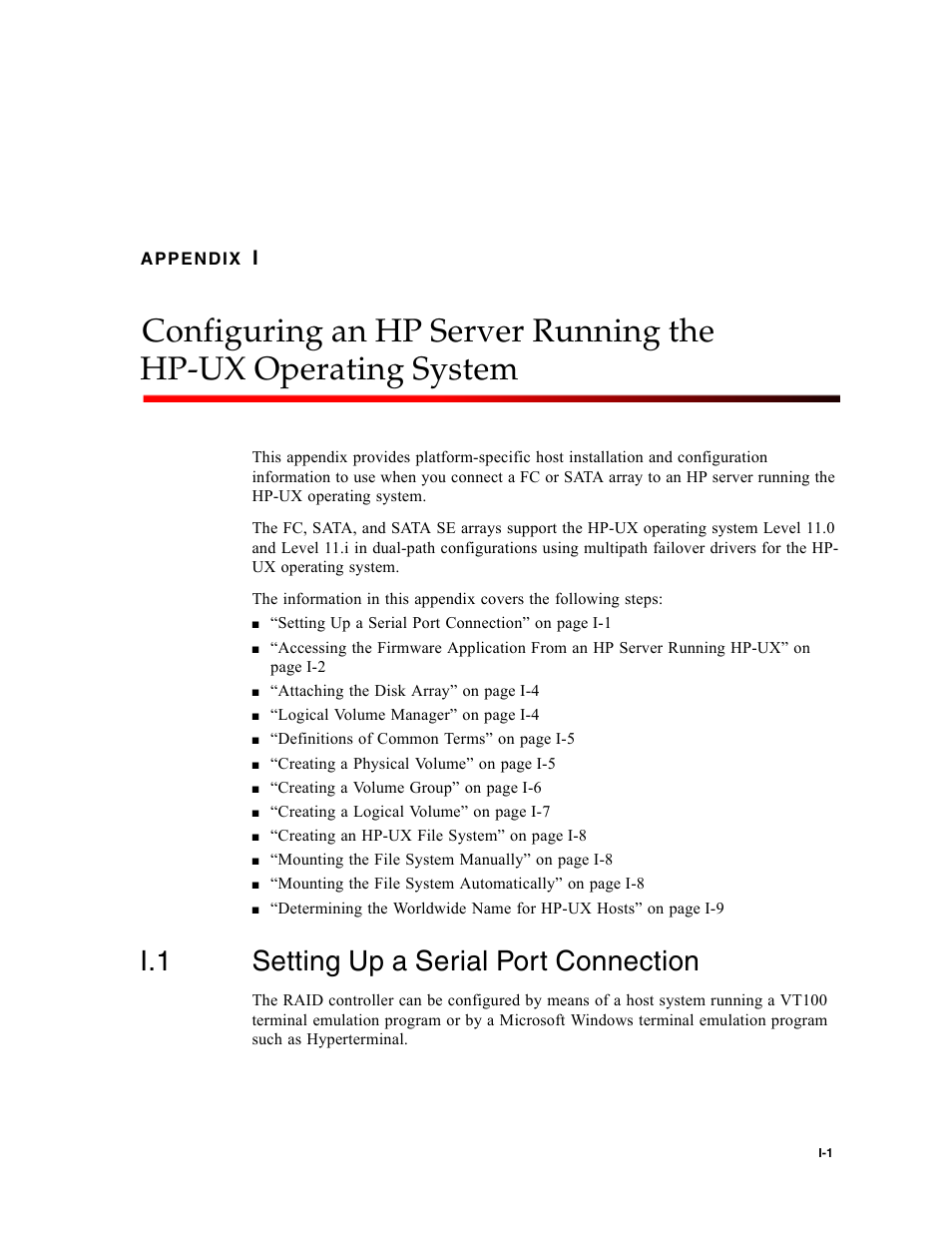 I.1 setting up a serial port connection, Setting up a serial port connection, Appendix i pro | Appendix i | Dot Hill Systems II 200 FC User Manual | Page 195 / 210