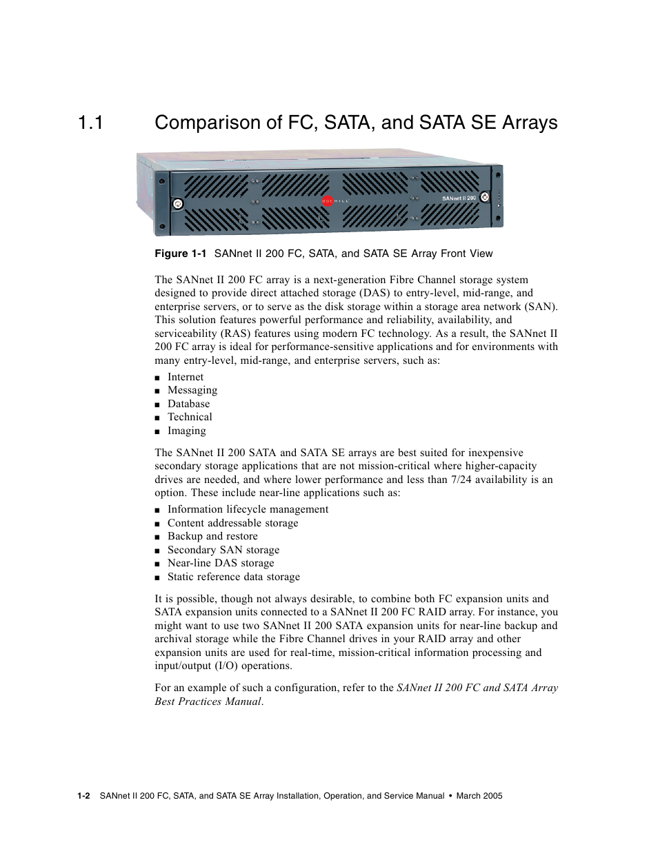 1 comparison of fc, sata, and sata se arrays, Comparison of fc, sata, and sata se arrays | Dot Hill Systems II 200 FC User Manual | Page 22 / 210