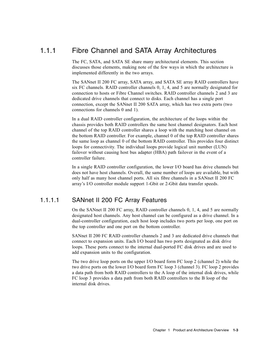 1 fibre channel and sata array architectures, Fibre channel and sata array architectures, Sannet ii 200 fc array features | 1 sannet ii 200 fc array features | Dot Hill Systems II 200 FC User Manual | Page 23 / 210