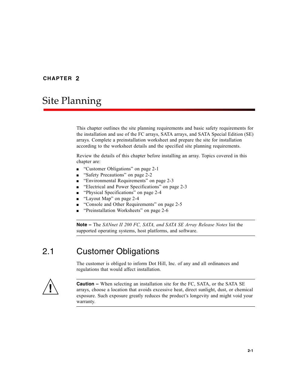 Site planning, 1 customer obligations, Customer obligations | Chapter 2 | Dot Hill Systems II 200 FC User Manual | Page 37 / 210