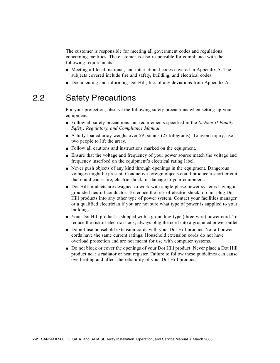 2 safety precautions, Safety precautions | Dot Hill Systems II 200 FC User Manual | Page 38 / 210