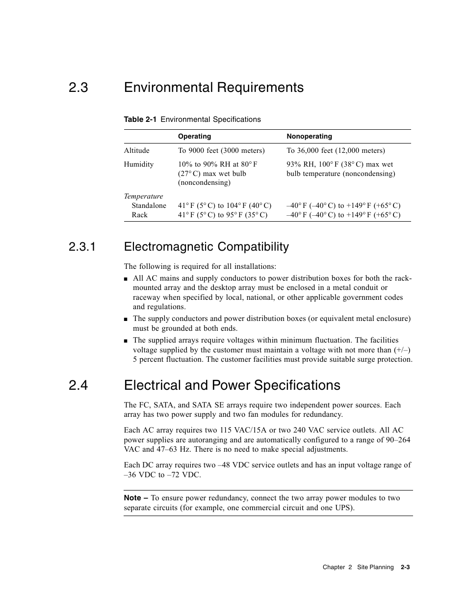 3 environmental requirements, 1 electromagnetic compatibility, 4 electrical and power specifications | Environmental requirements, Electromagnetic compatibility, Electrical and power specifications | Dot Hill Systems II 200 FC User Manual | Page 39 / 210