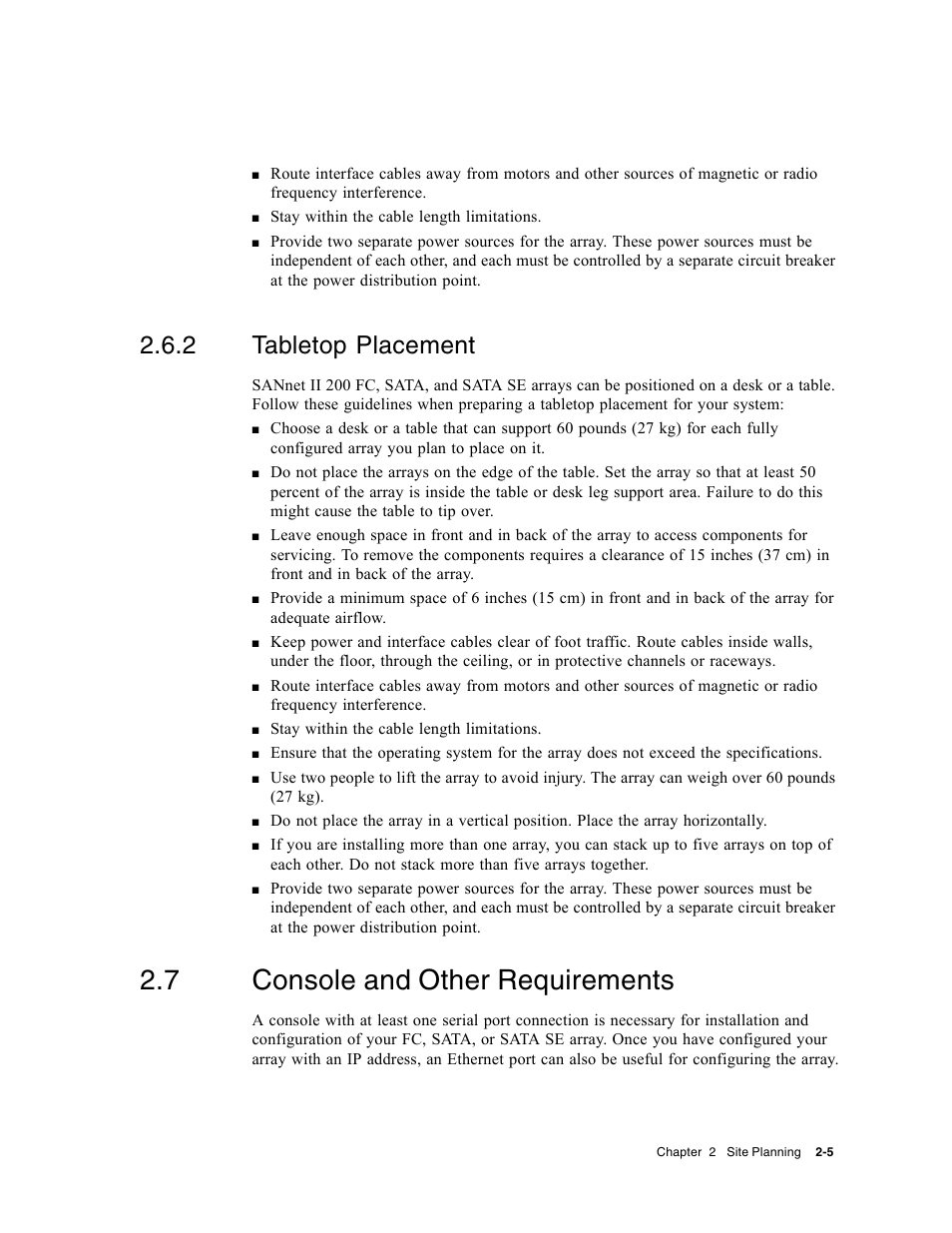 2 tabletop placement, 7 console and other requirements, Tabletop placement | Console and other requirements | Dot Hill Systems II 200 FC User Manual | Page 41 / 210