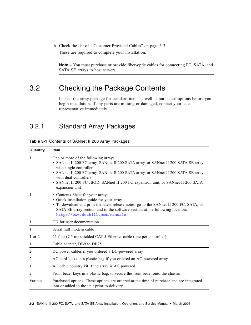 2 checking the package contents, 1 standard array packages, Checking the package contents | Standard array packages | Dot Hill Systems II 200 FC User Manual | Page 46 / 210