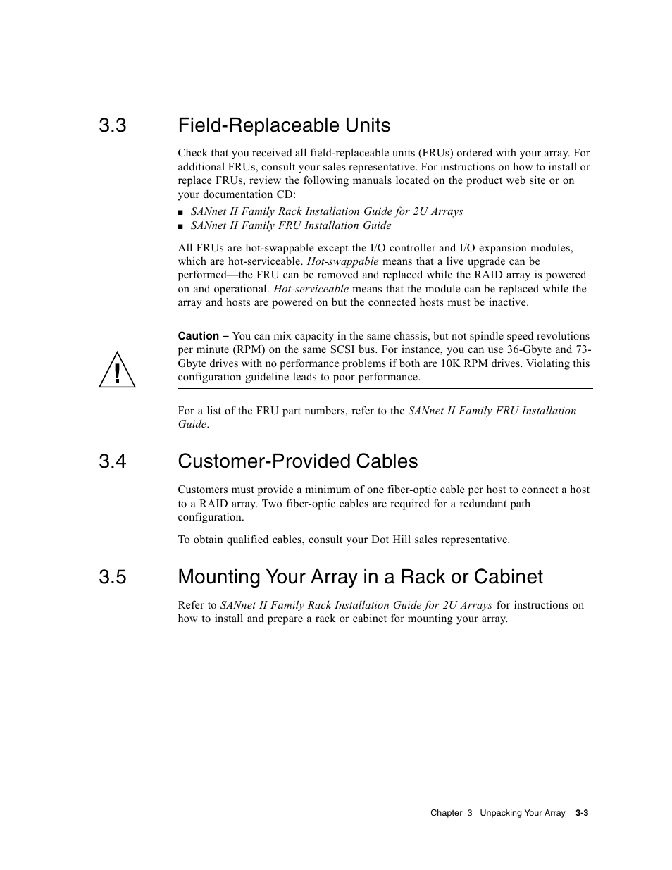 3 field-replaceable units, 4 customer-provided cables, 5 mounting your array in a rack or cabinet | Field-replaceable units, Customer-provided cables, Mounting your array in a rack or cabinet | Dot Hill Systems II 200 FC User Manual | Page 47 / 210