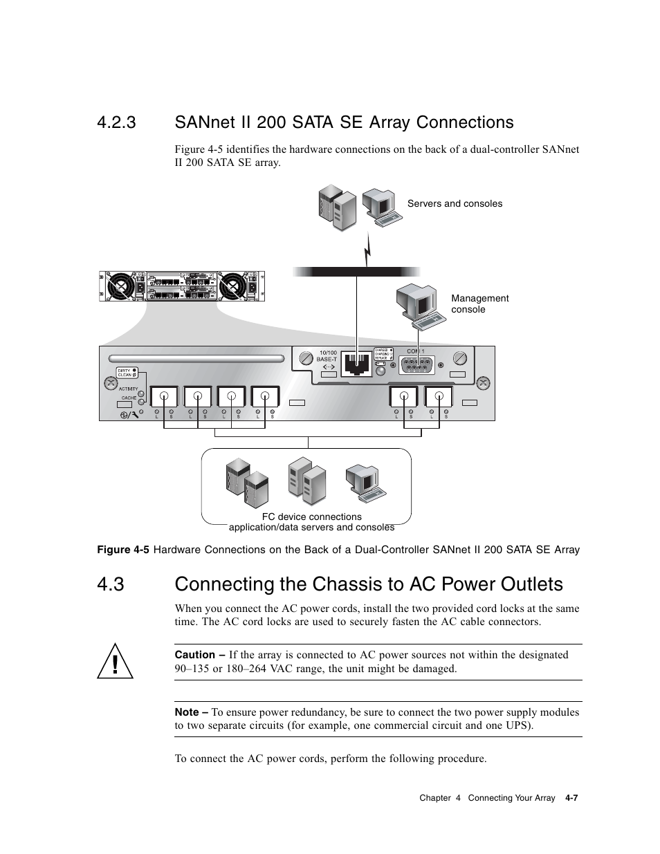3 sannet ii 200 sata se array connections, 3 connecting the chassis to ac power outlets, Sannet ii 200 sata se array connections | Connecting the chassis to ac power outlets | Dot Hill Systems II 200 FC User Manual | Page 55 / 210