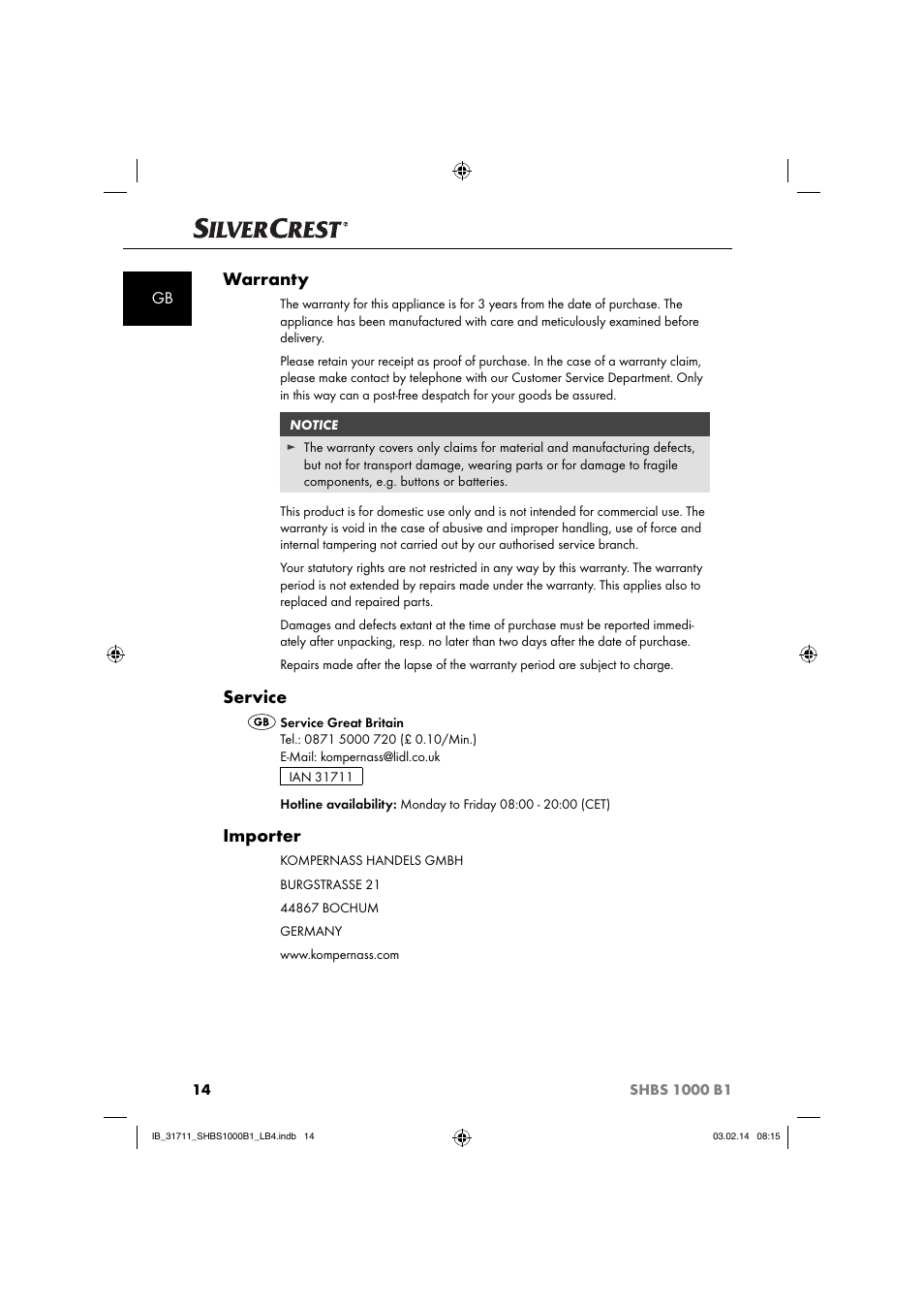 Warranty, Service, Importer | Silvercrest SHBS 1000 A1 User Manual | Page 17 / 102