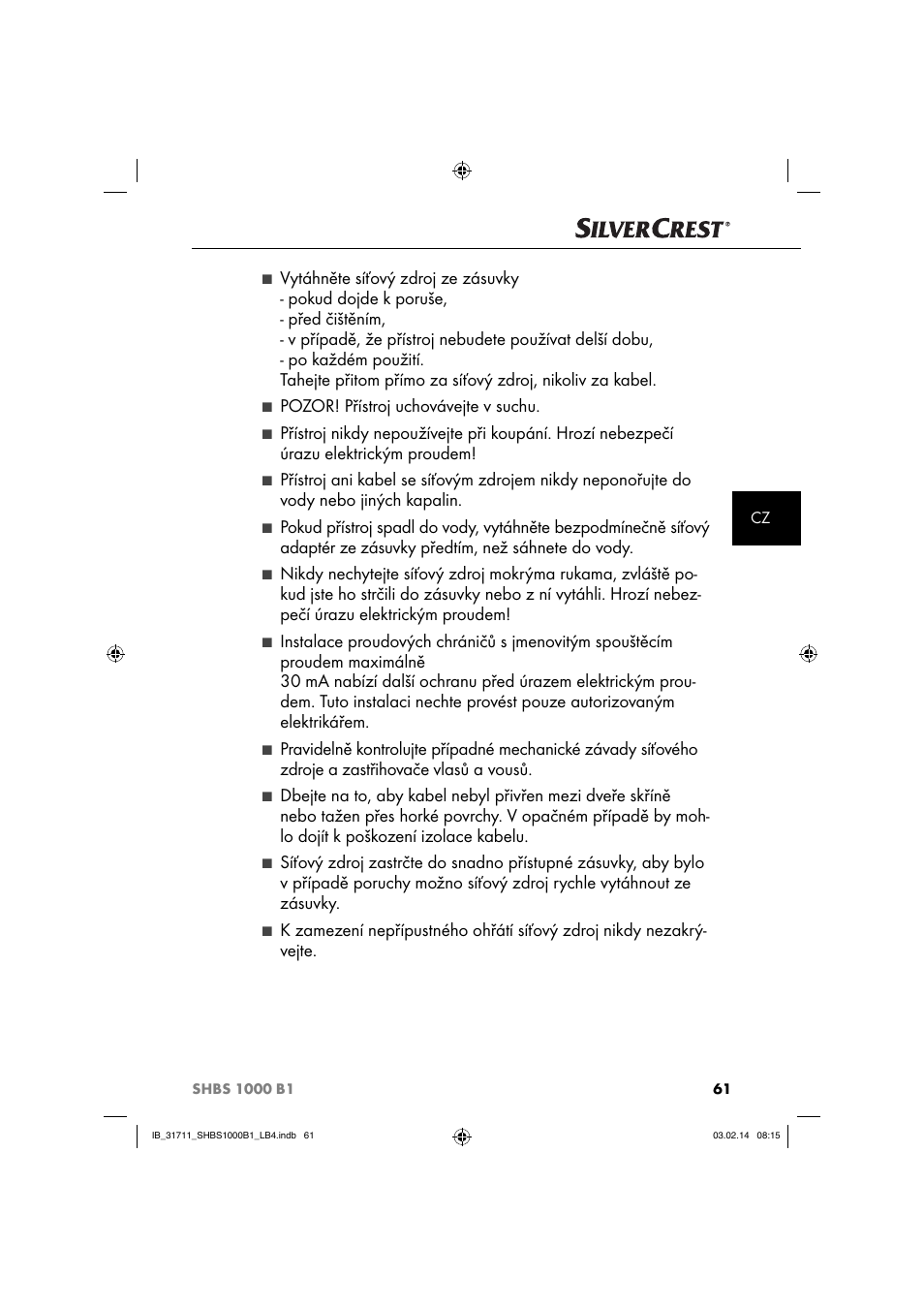 Pozor! přístroj uchovávejte v suchu | Silvercrest SHBS 1000 A1 User Manual | Page 64 / 102