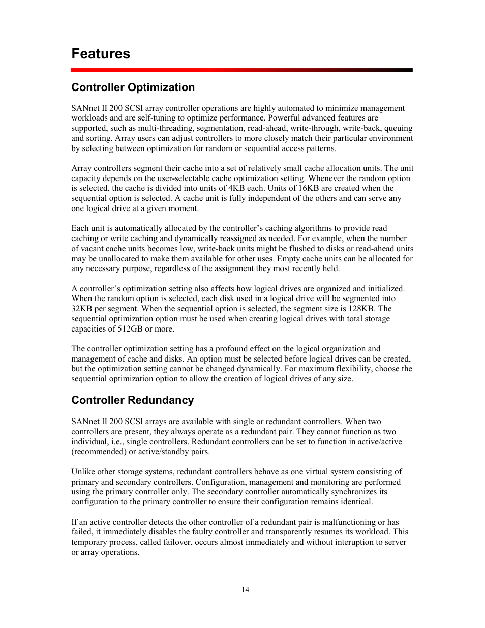 Features, Controller optimization, Controller redundancy | Ontroller, Ptimization, Edundancy | Dot Hill Systems SANnet II 200 User Manual | Page 14 / 35