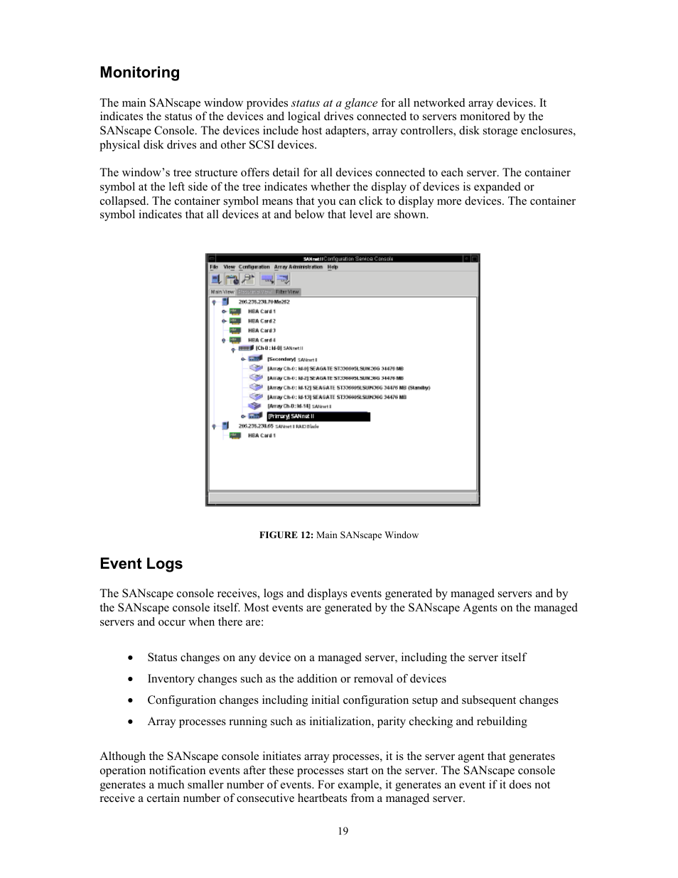 Monitoring, Event logs, Onitoring | Vent | Dot Hill Systems SANnet II 200 User Manual | Page 19 / 35