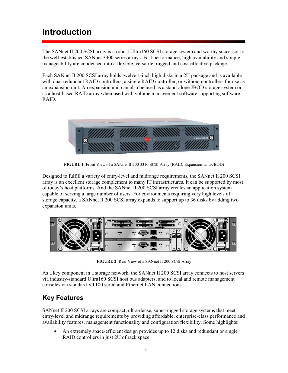 Introduction, Key features, Eatures | Dot Hill Systems SANnet II 200 User Manual | Page 4 / 35