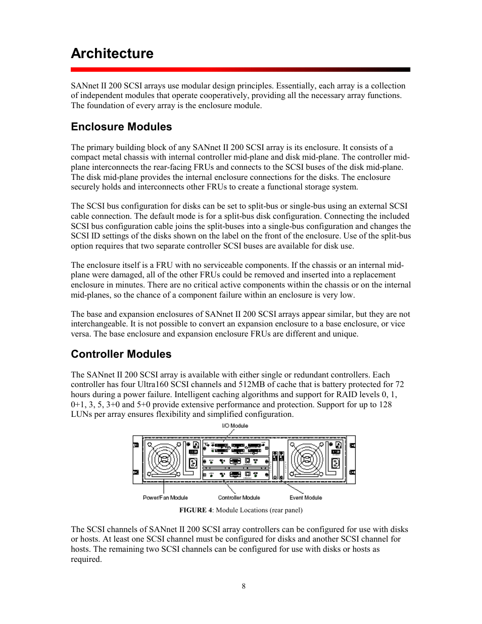 Architecture, Enclosure modules, Controller modules | Nclosure, Odules, Ontroller | Dot Hill Systems SANnet II 200 User Manual | Page 8 / 35