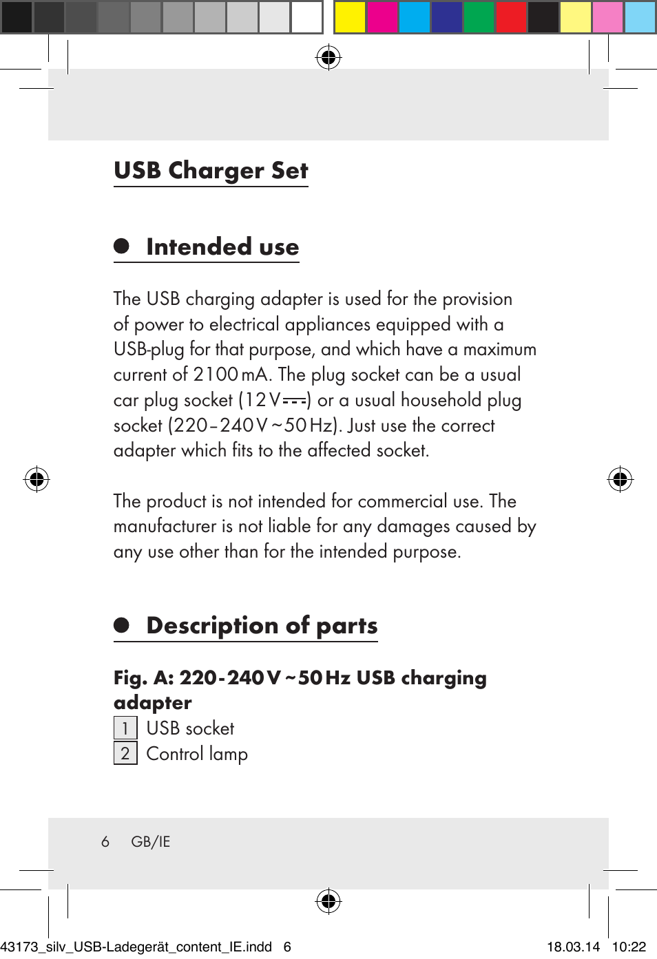 Usb charger set intended use, Description of parts | Silvercrest Z32144A-BS/ Z32144B-BS User Manual | Page 6 / 14