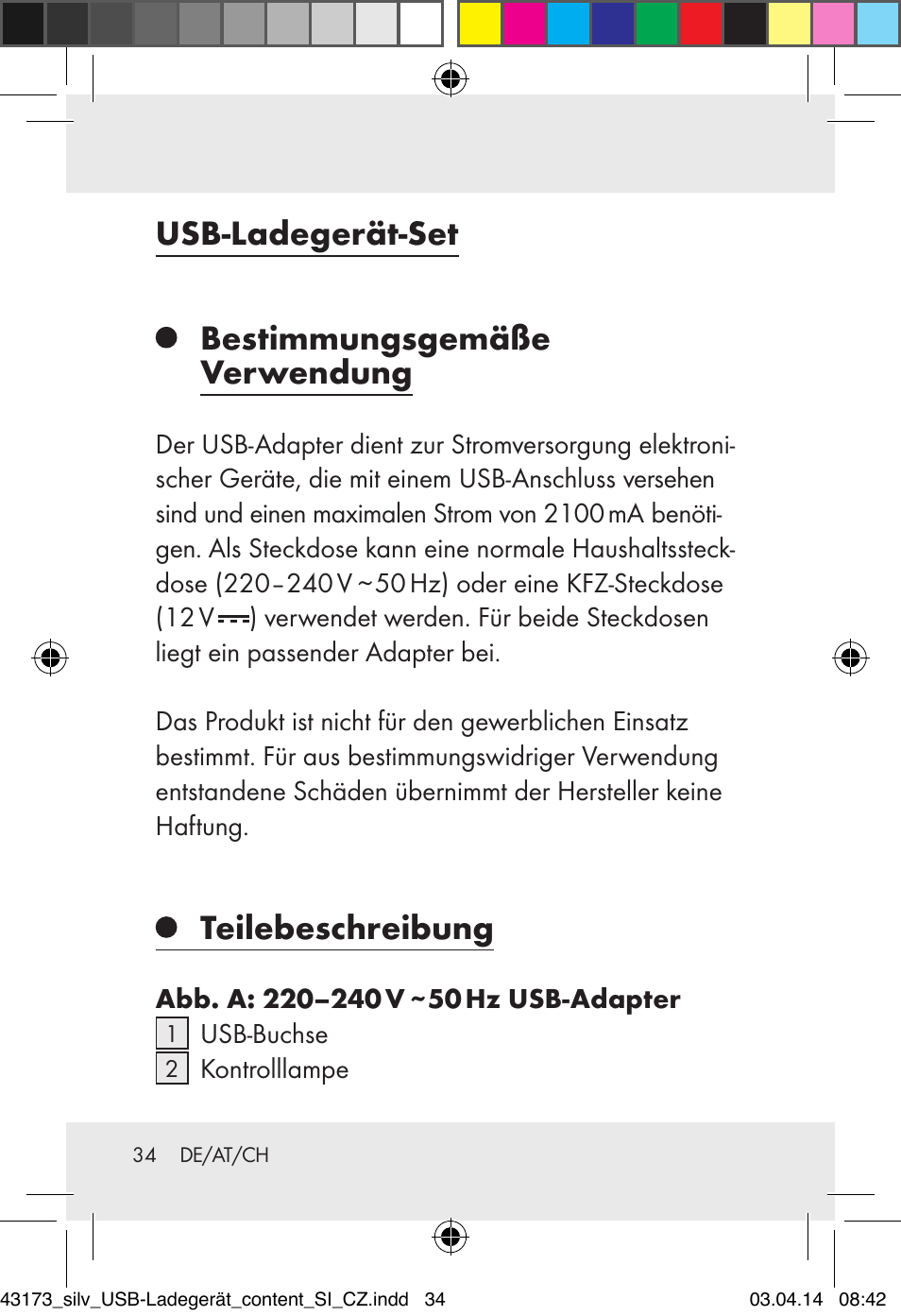 Usb-ladegerät-set bestimmungsgemäße verwendung, Teilebeschreibung | Silvercrest Z32144A-BS/ Z32144B-BS User Manual | Page 34 / 42
