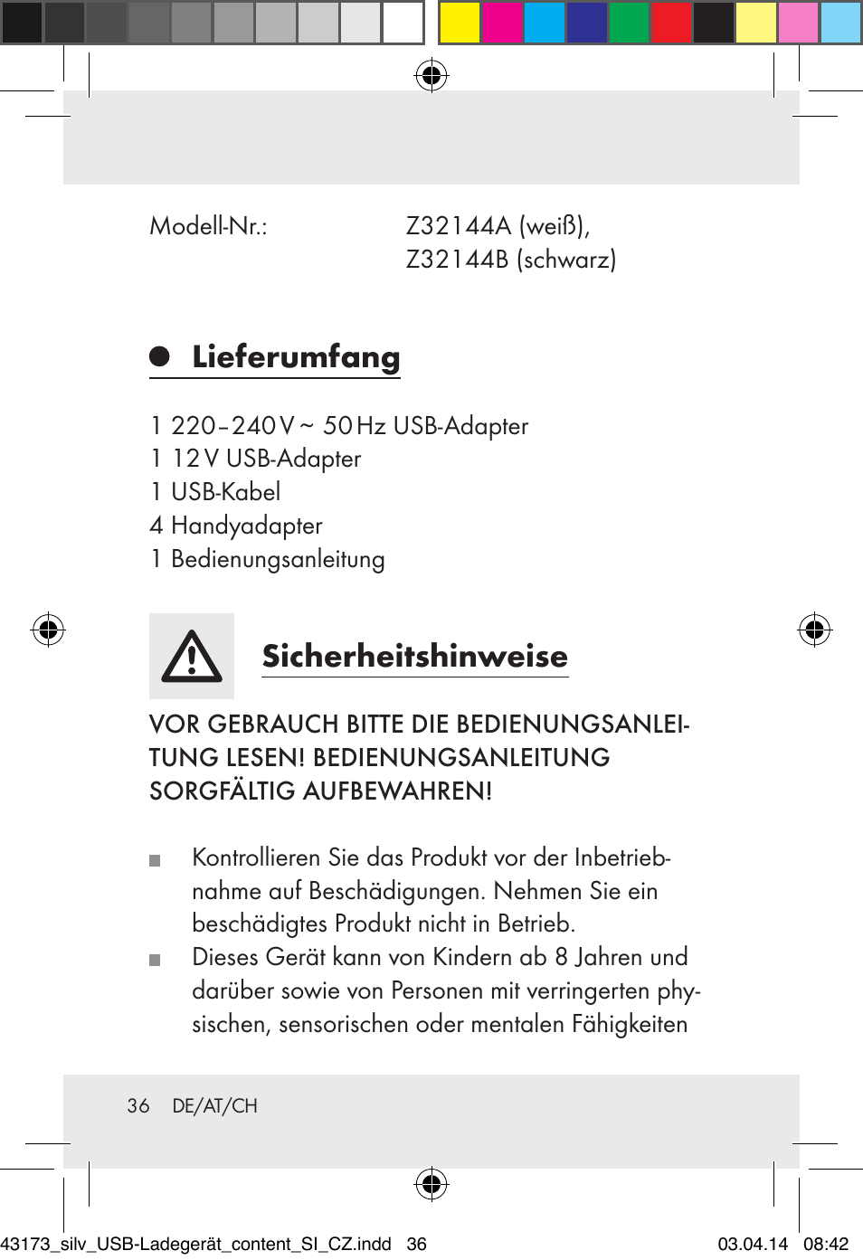 Lieferumfang, Sicherheitshinweise | Silvercrest Z32144A-BS/ Z32144B-BS User Manual | Page 36 / 42