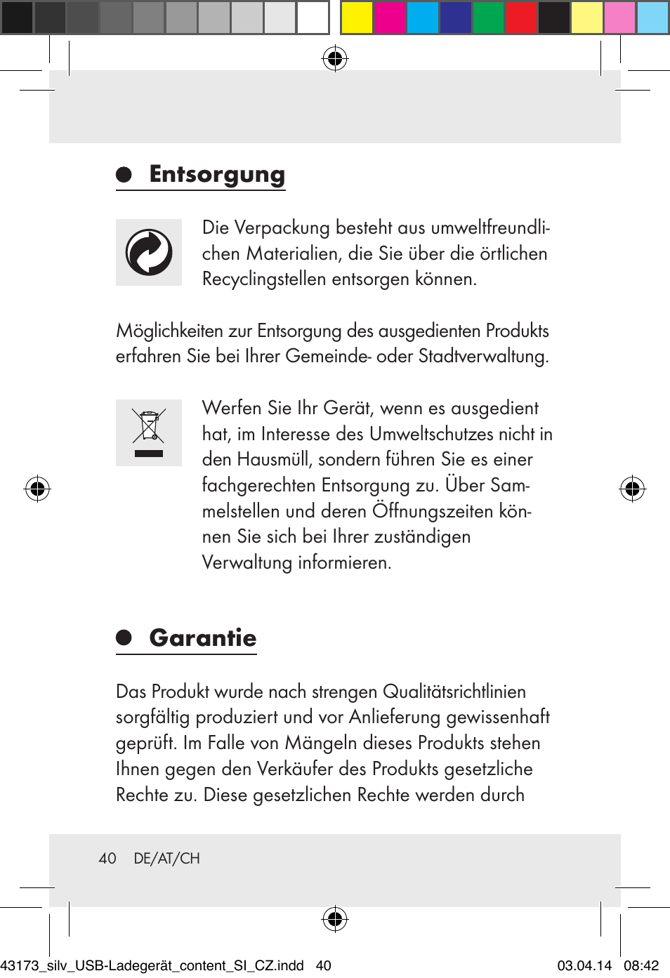 Entsorgung, Garantie | Silvercrest Z32144A-BS/ Z32144B-BS User Manual | Page 40 / 42