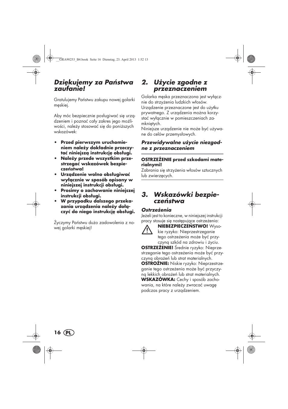 Dzikujemy za pa stwa zaufanie, U ycie zgodne z przeznaczeniem, Wskazówki bezpie- cze stwa | Silvercrest SFR 1200 A1 User Manual | Page 18 / 94