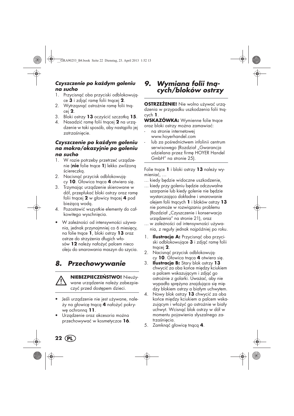 Przechowywanie, Wymiana folii tn- cych/bloków ostrzy | Silvercrest SFR 1200 A1 User Manual | Page 24 / 94