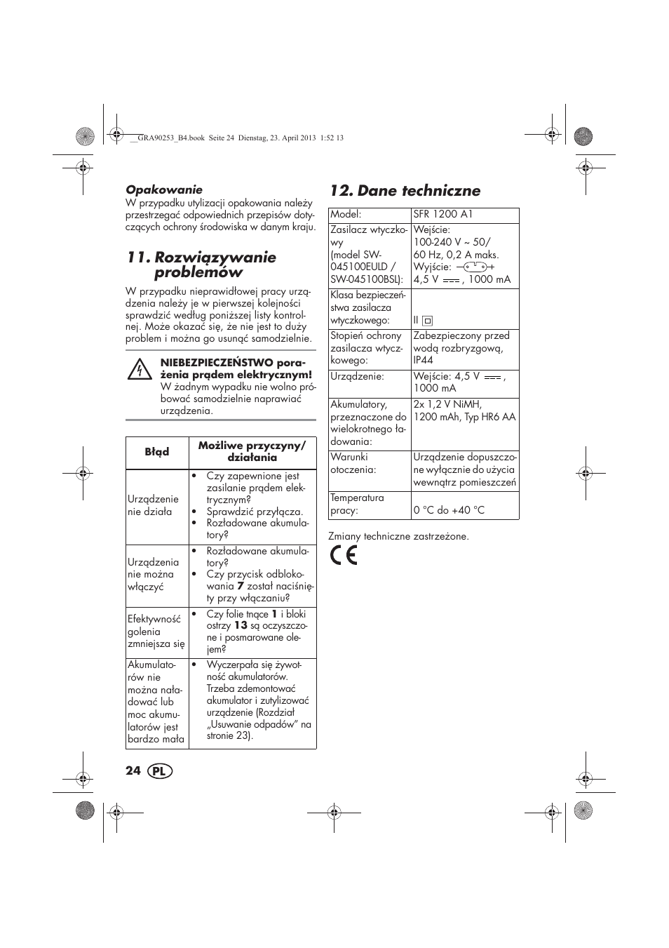 Rozwizywanie problemów, Dane techniczne | Silvercrest SFR 1200 A1 User Manual | Page 26 / 94