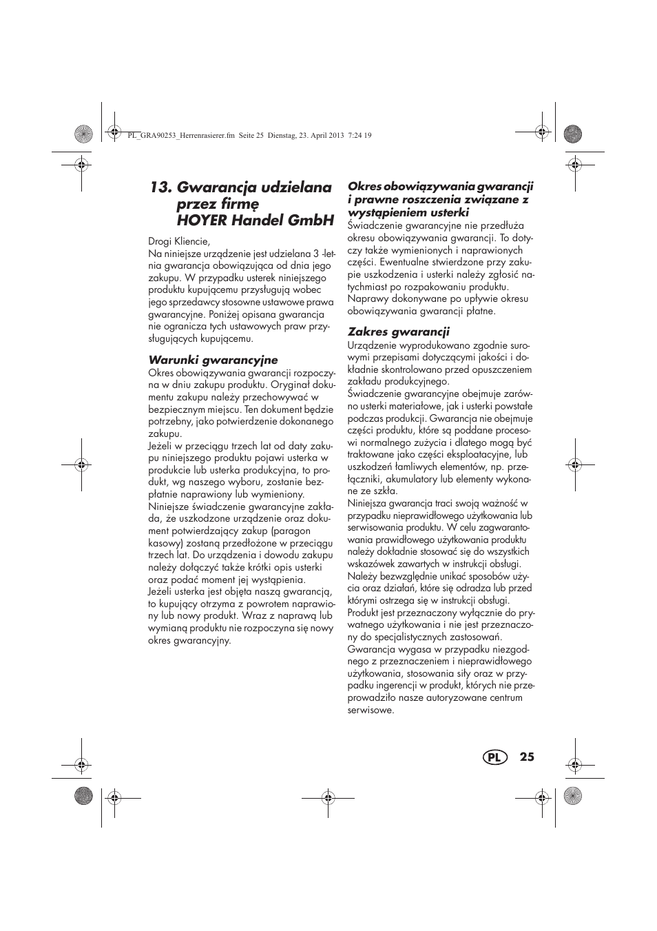 Gwarancja udzielana przez firm hoyer handel gmbh | Silvercrest SFR 1200 A1 User Manual | Page 27 / 94