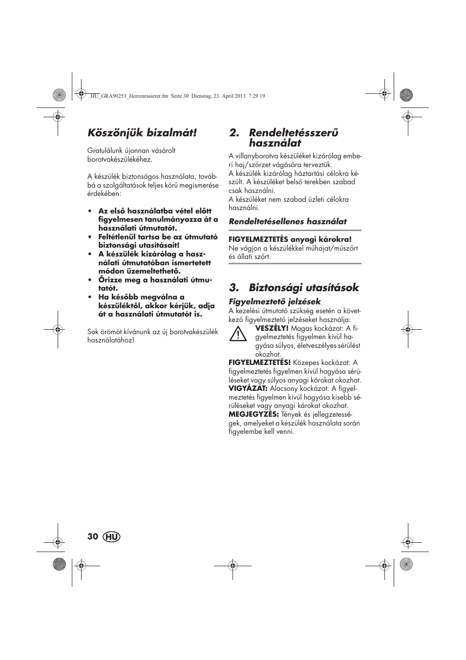 Köszönjük bizalmát, Rendeltetésszer használat, Biztonsági utasítások | Silvercrest SFR 1200 A1 User Manual | Page 32 / 94