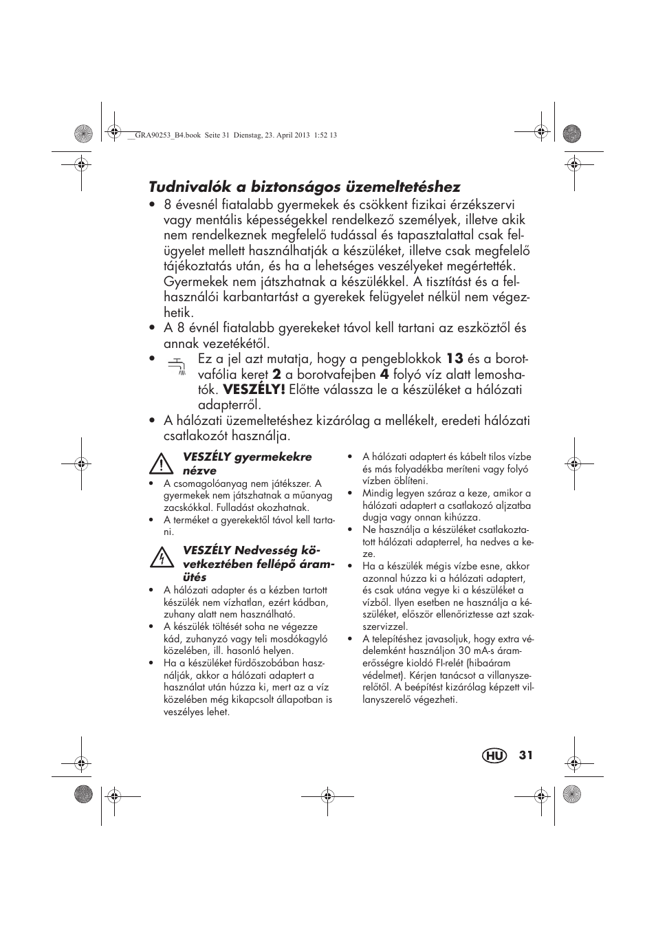 Tudnivalók a biztonságos üzemeltetéshez | Silvercrest SFR 1200 A1 User Manual | Page 33 / 94