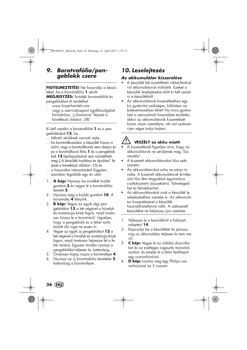 Borotvafólia/pen- geblokk csere, Leselejtezés | Silvercrest SFR 1200 A1 User Manual | Page 38 / 94