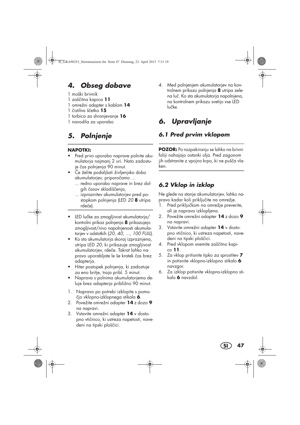 Obseg dobave, Polnjenje, Upravljanje | Silvercrest SFR 1200 A1 User Manual | Page 49 / 94