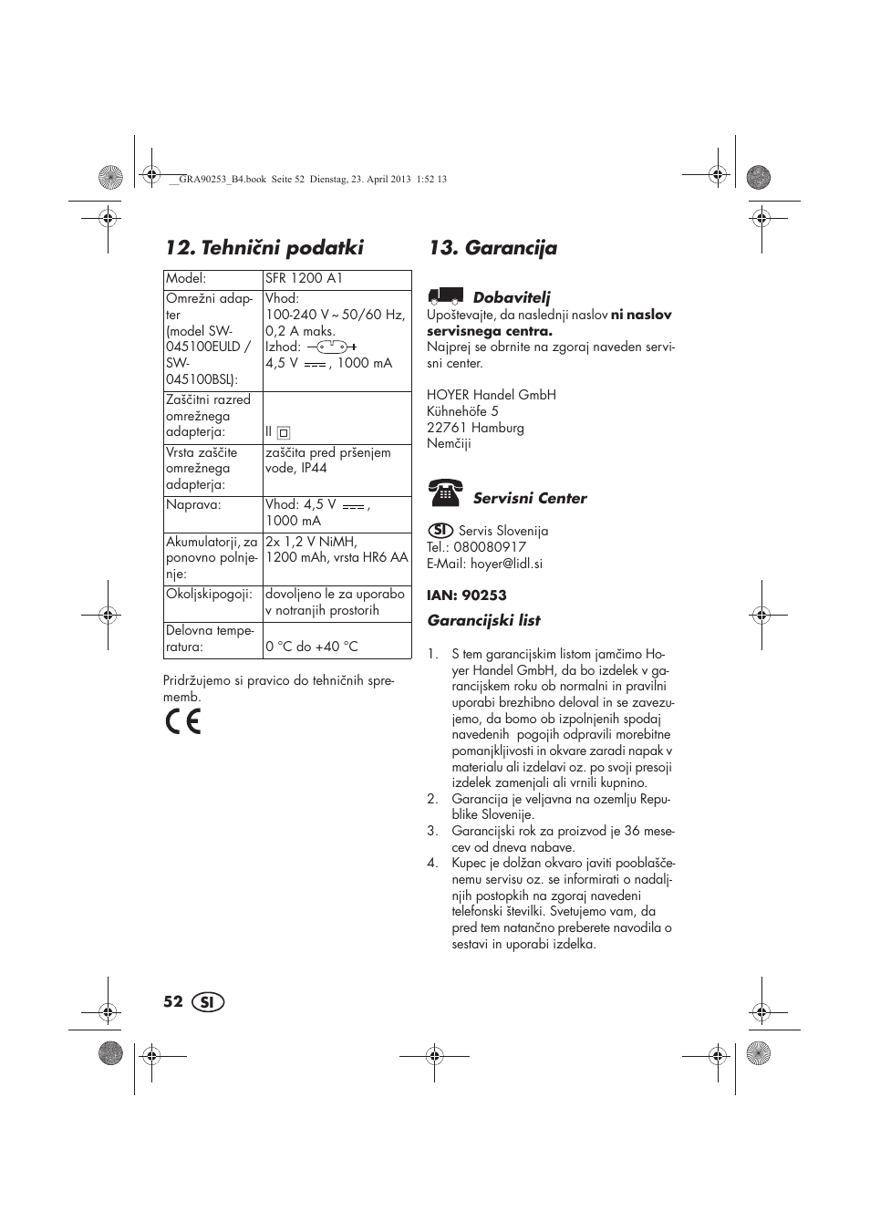 Tehnini podatki, Garancija | Silvercrest SFR 1200 A1 User Manual | Page 54 / 94