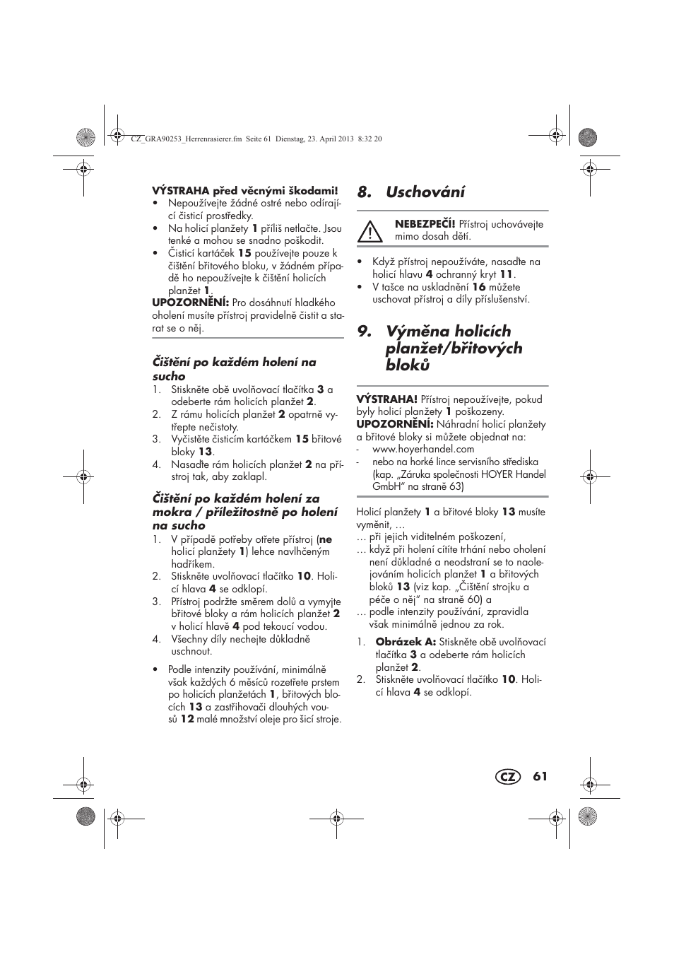 Uschování, Výmna holicích planžet/bitových blok | Silvercrest SFR 1200 A1 User Manual | Page 63 / 94