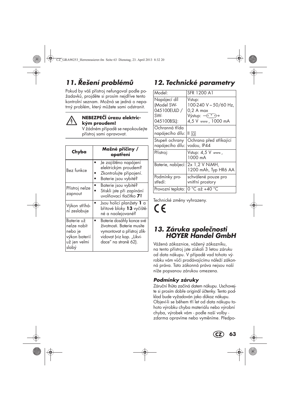 ešení problém, Technické parametry, Záruka spolenosti hoyer handel gmbh | Silvercrest SFR 1200 A1 User Manual | Page 65 / 94