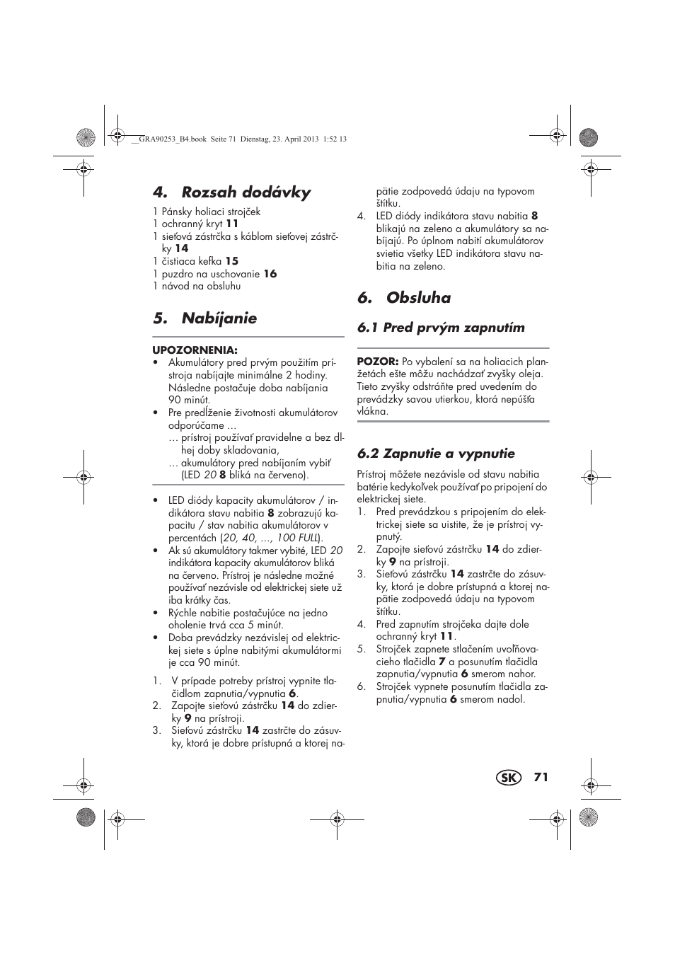 Rozsah dodávky, Nabíjanie, Obsluha | Silvercrest SFR 1200 A1 User Manual | Page 73 / 94