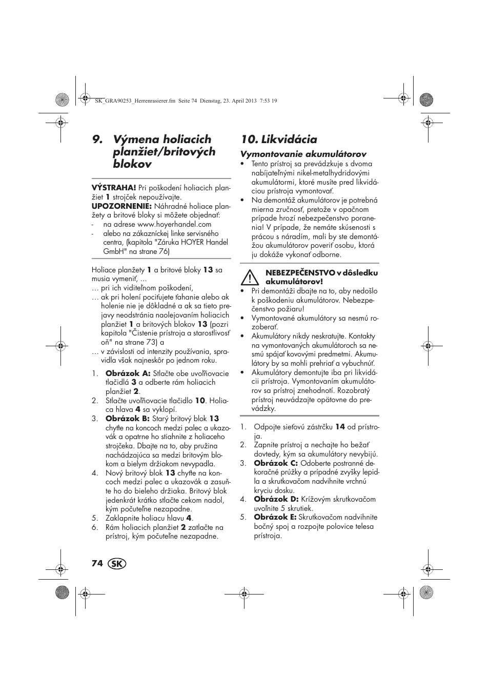 Výmena holiacich planžiet/britových blokov, Likvidácia | Silvercrest SFR 1200 A1 User Manual | Page 76 / 94