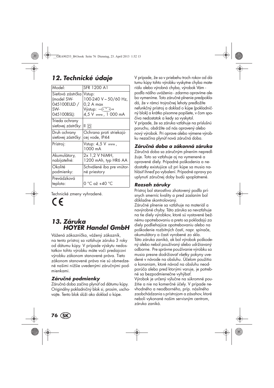 Technické údaje, Záruka hoyer handel gmbh | Silvercrest SFR 1200 A1 User Manual | Page 78 / 94