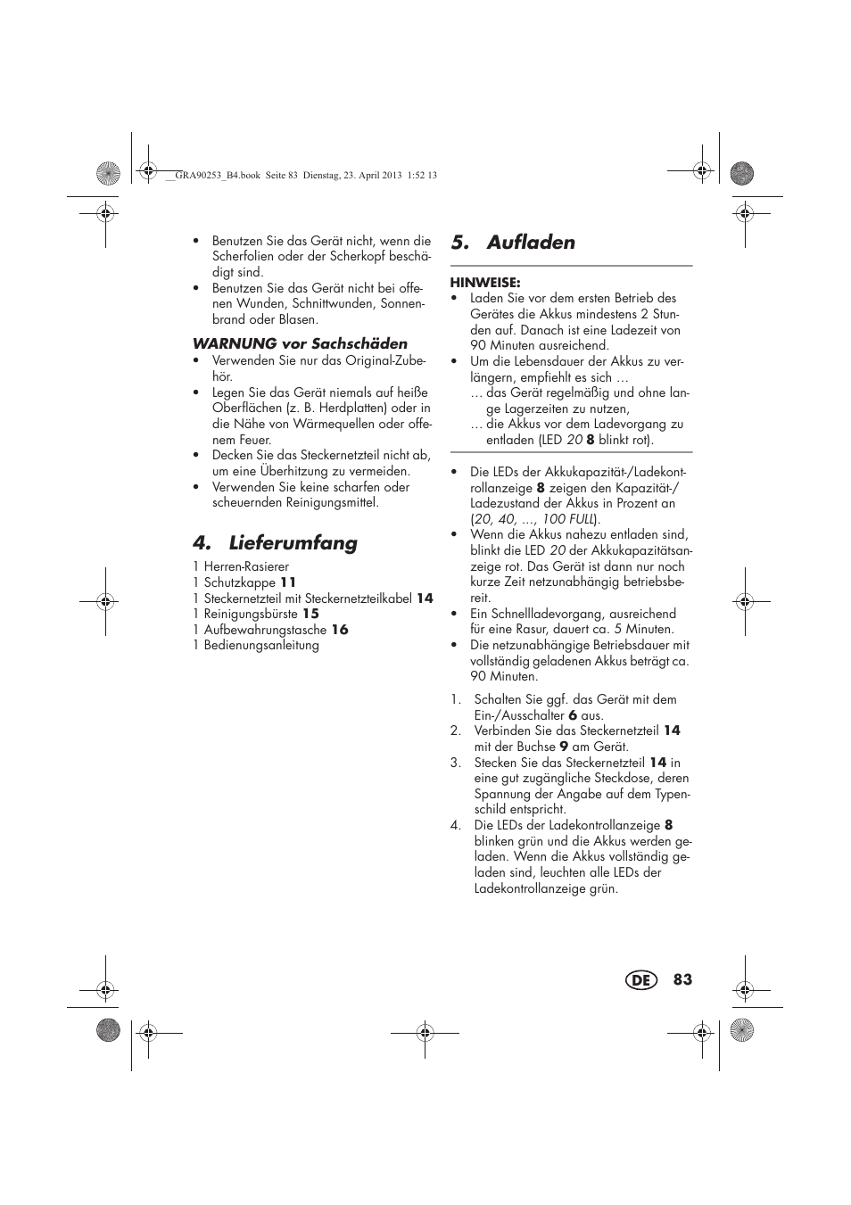 Lieferumfang, Aufladen | Silvercrest SFR 1200 A1 User Manual | Page 85 / 94