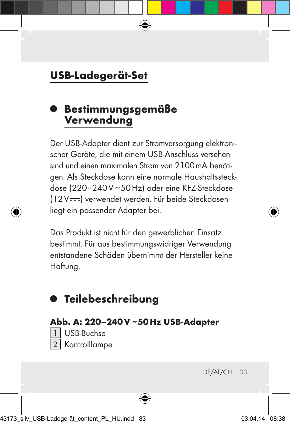 Usb-ladegerät-set bestimmungsgemäße verwendung, Teilebeschreibung | Silvercrest Z32144A-BS/ Z32144B-BS User Manual | Page 33 / 41